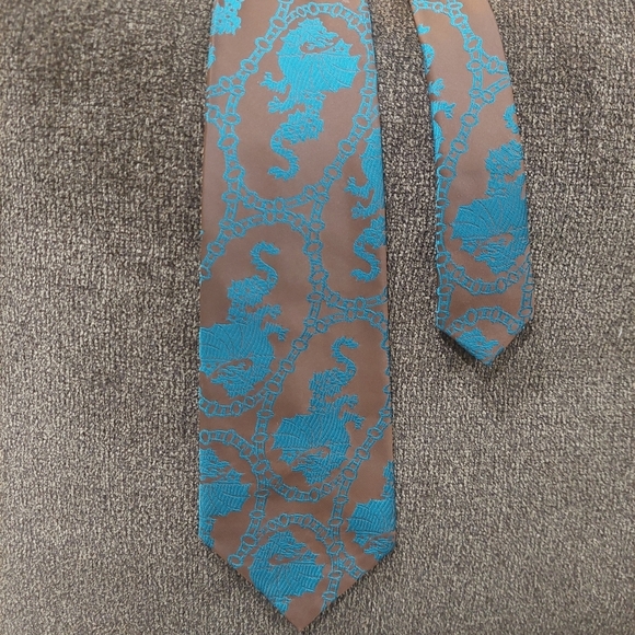 Handmade Tie Teal Chain Brown Jacquard Dragon Classic USA Made Luxury Necktie VG - Picture 4 of 5